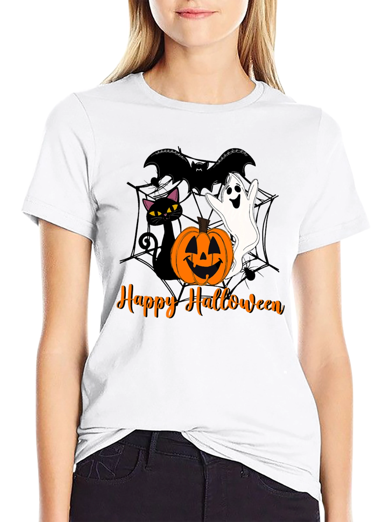 Halloween Cat Ghost Bat Graphic T-Shirt