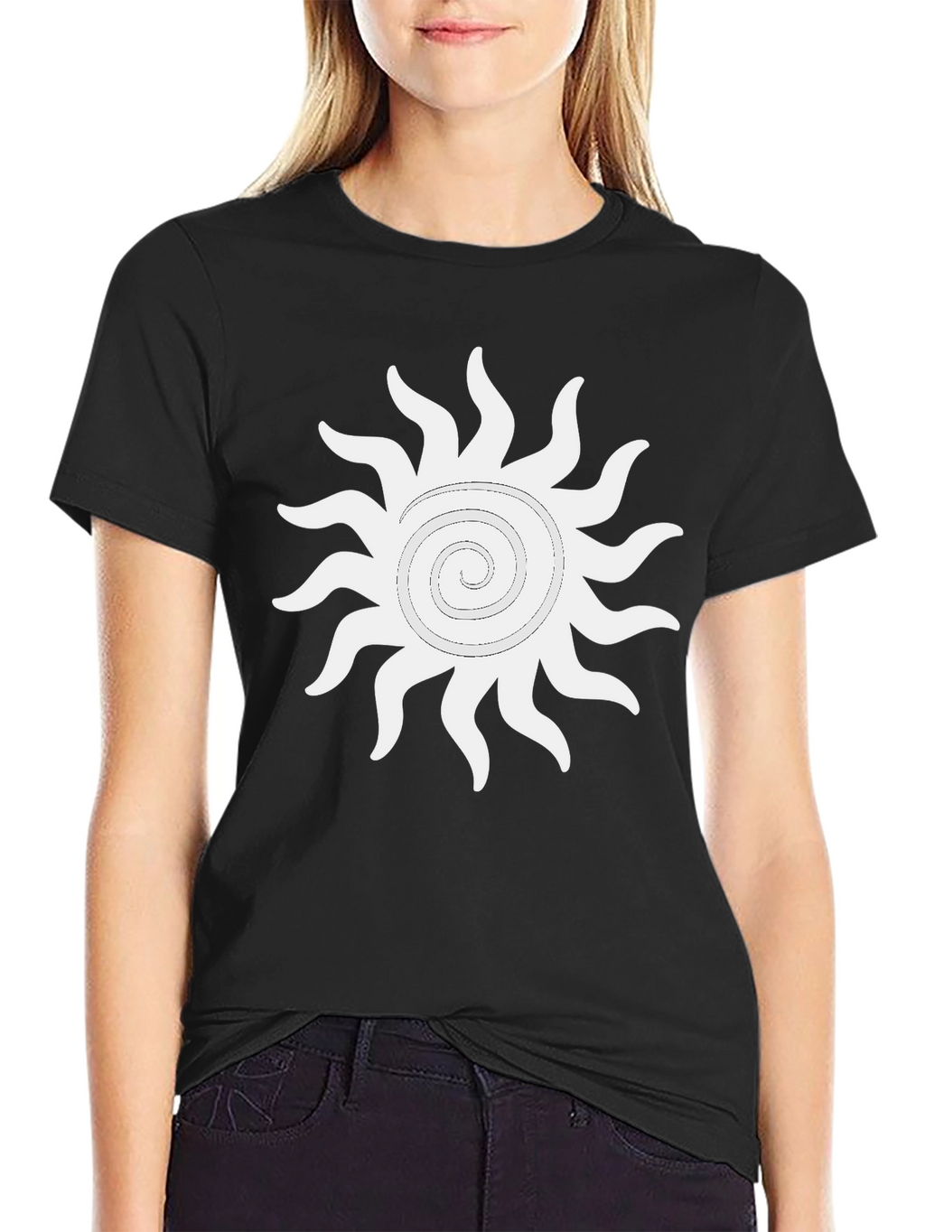 Black T-Shirt with White Sun Graphic