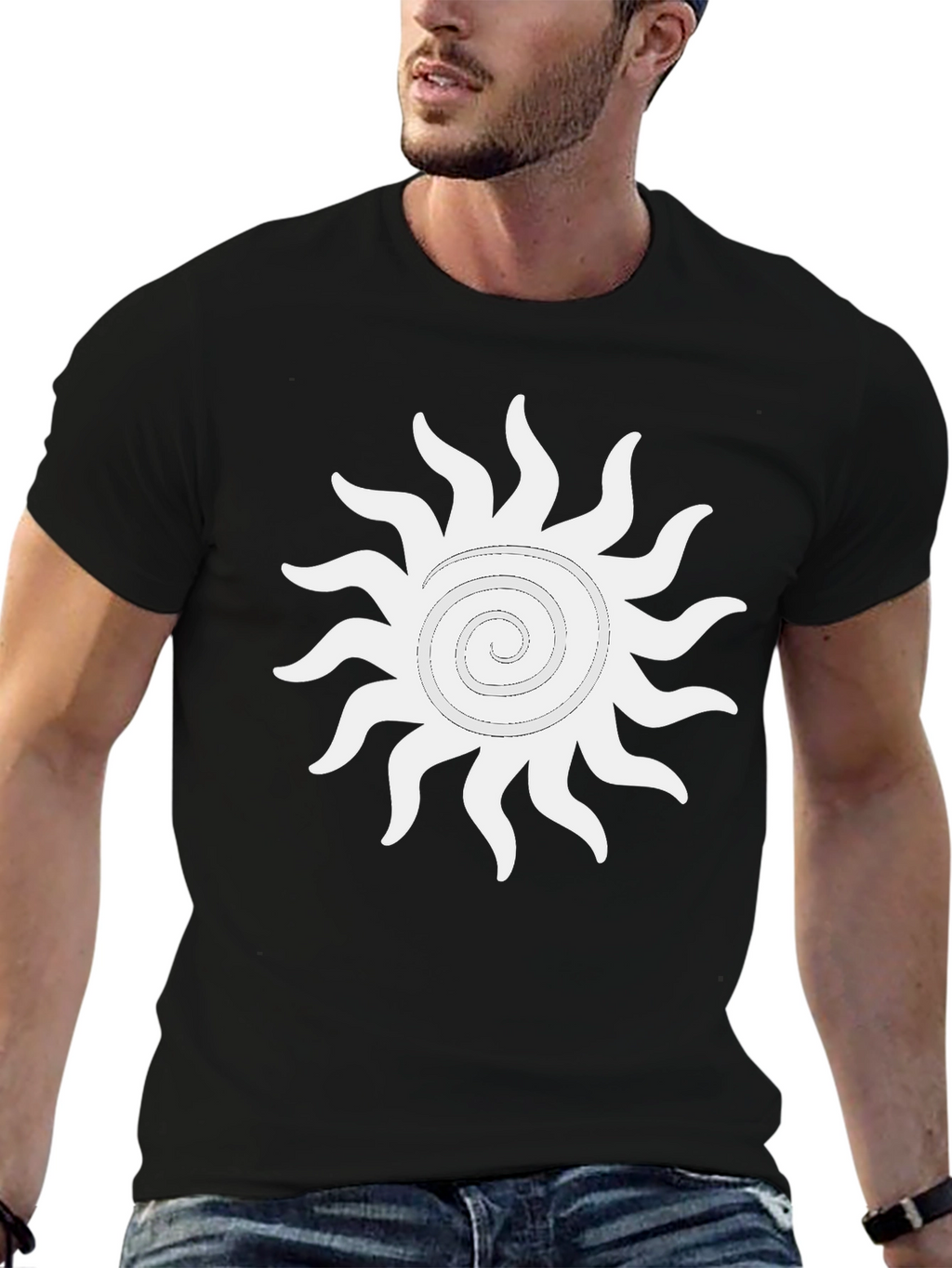 Black T-Shirt with White Sun Graphic