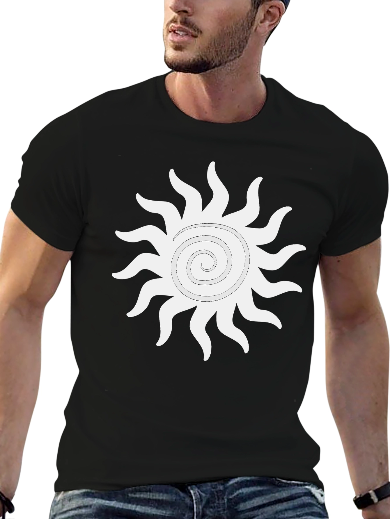Black T-Shirt with White Sun Graphic