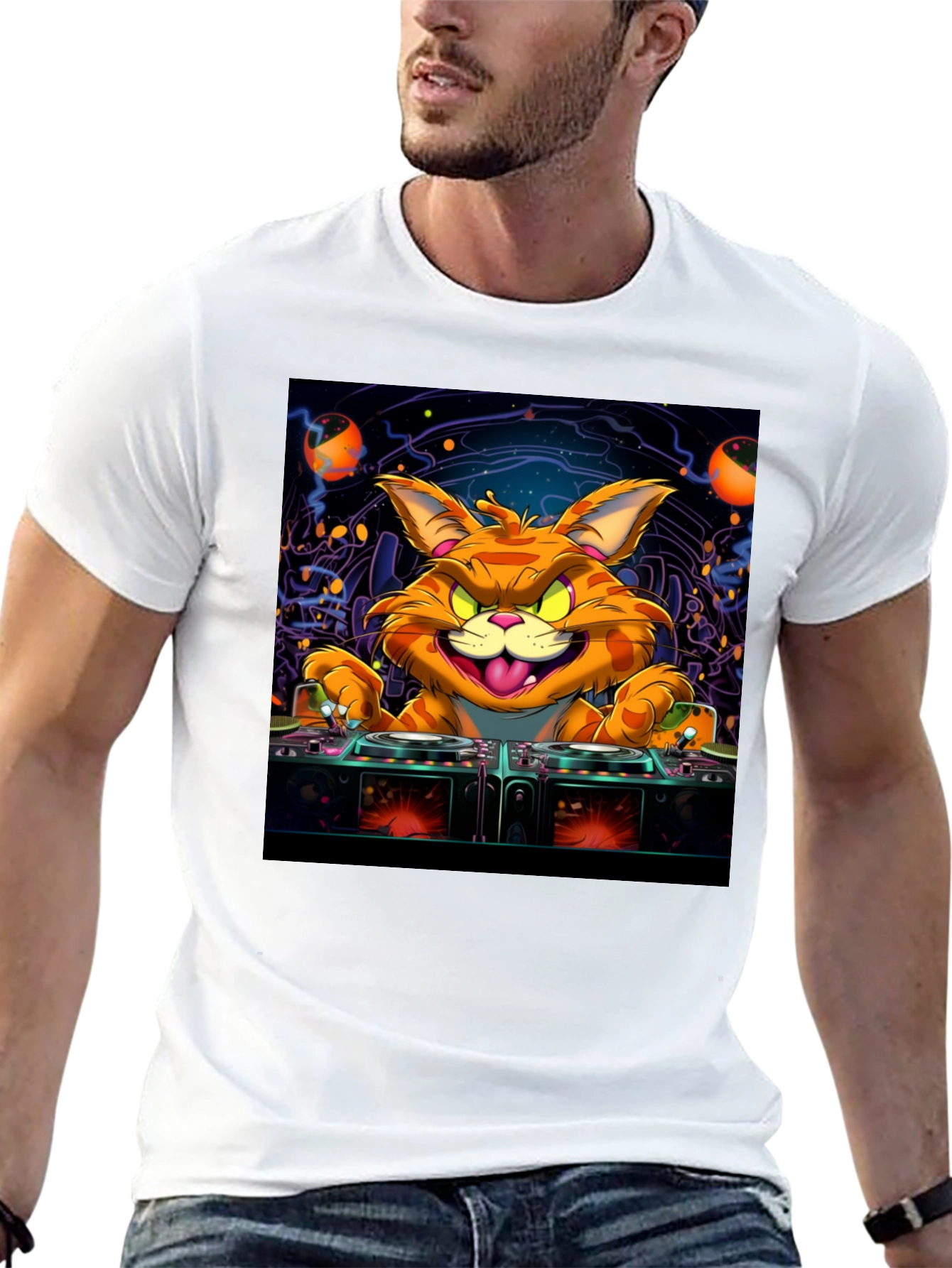 DJ Cat Graphic Tee - Cool Party Shirt