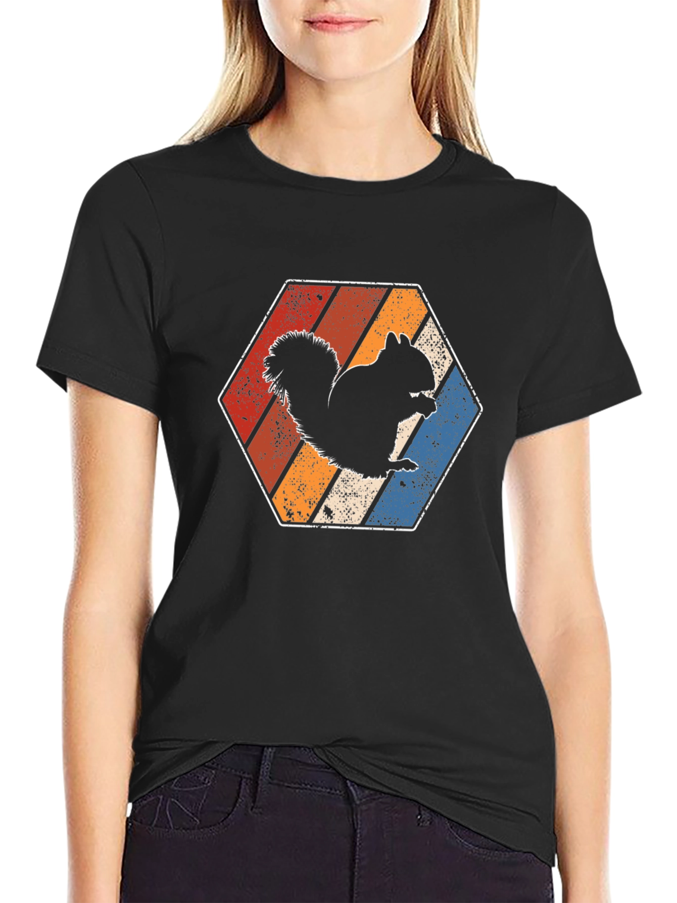Retro Squirrel Graphic Tee - Vintage Hexagon Design