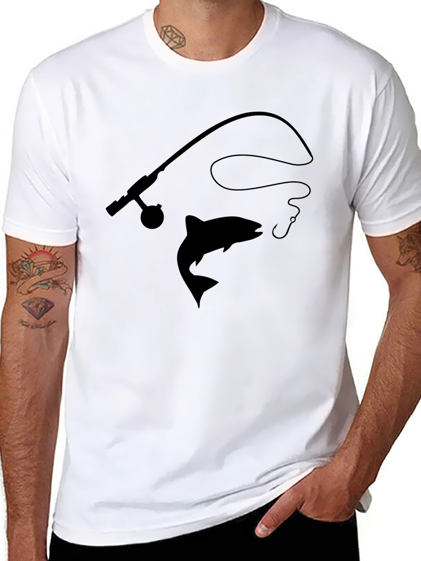 Fishing T-Shirt: Rod Line and Salmon Design