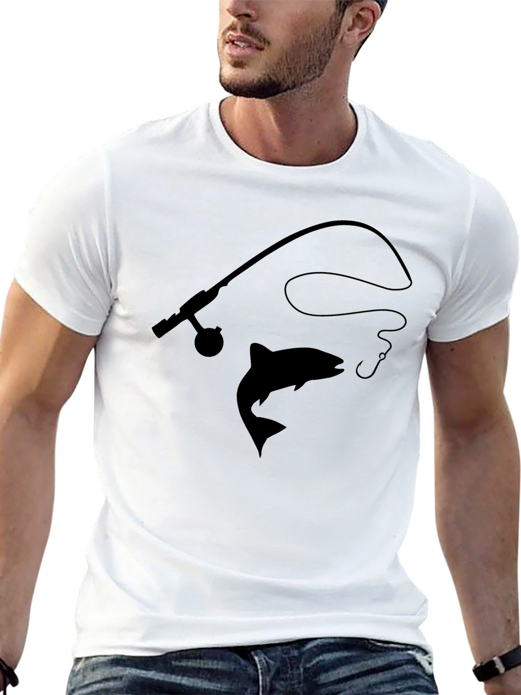 Fishing T-Shirt: Rod Line and Salmon Design