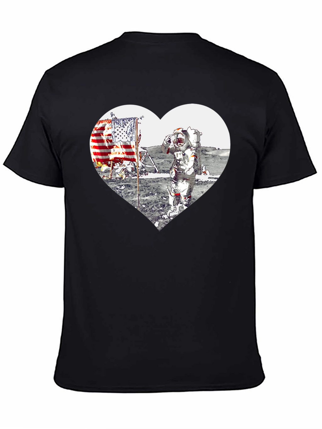 Astronaut Moon Landing Heart Graphic Black T-Shirt