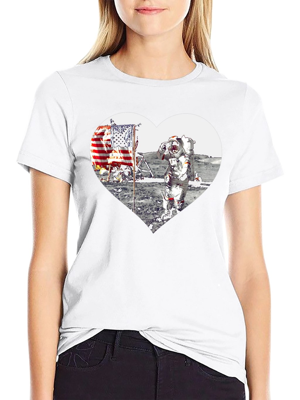 Astronaut Moon Landing Heart Graphic Black T-Shirt