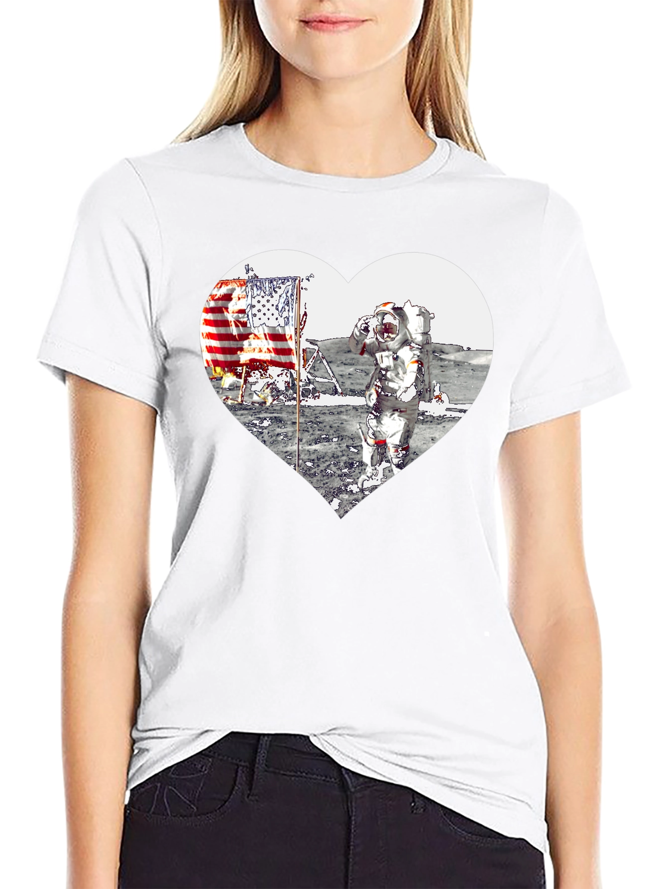 Astronaut Moon Landing Heart Graphic Black T-Shirt