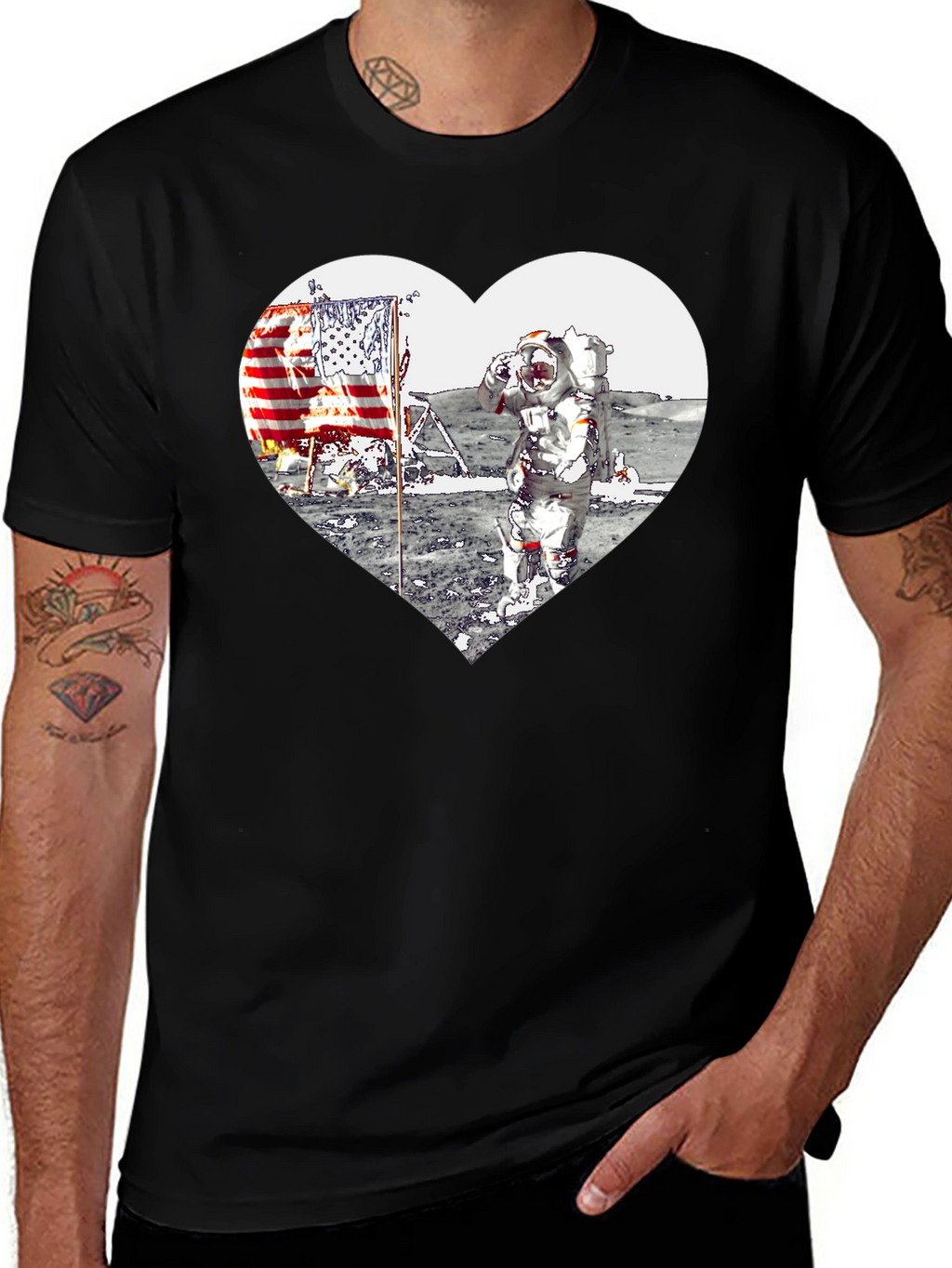 Astronaut Moon Landing Heart Graphic Black T-Shirt