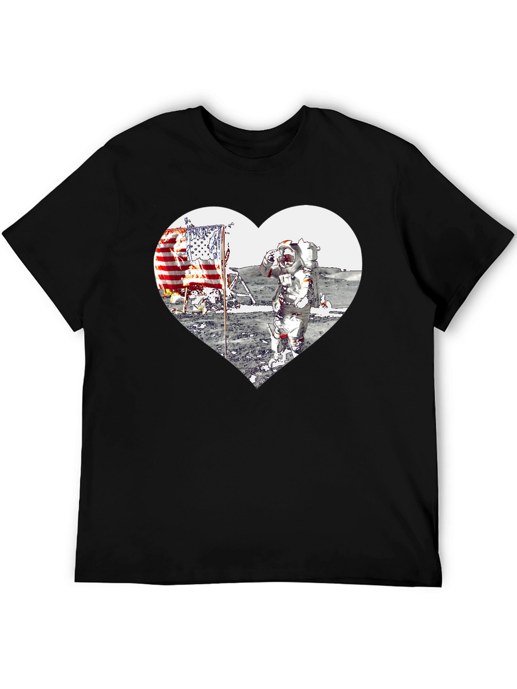 Astronaut Moon Landing Heart Graphic Black T-Shirt