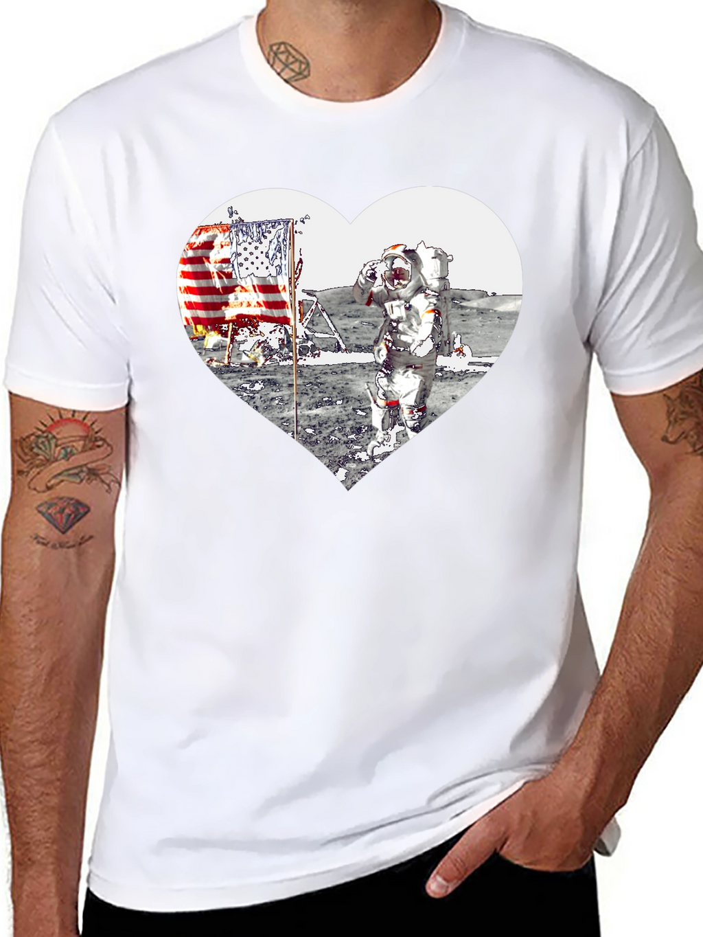 Astronaut Moon Landing Heart Graphic Black T-Shirt