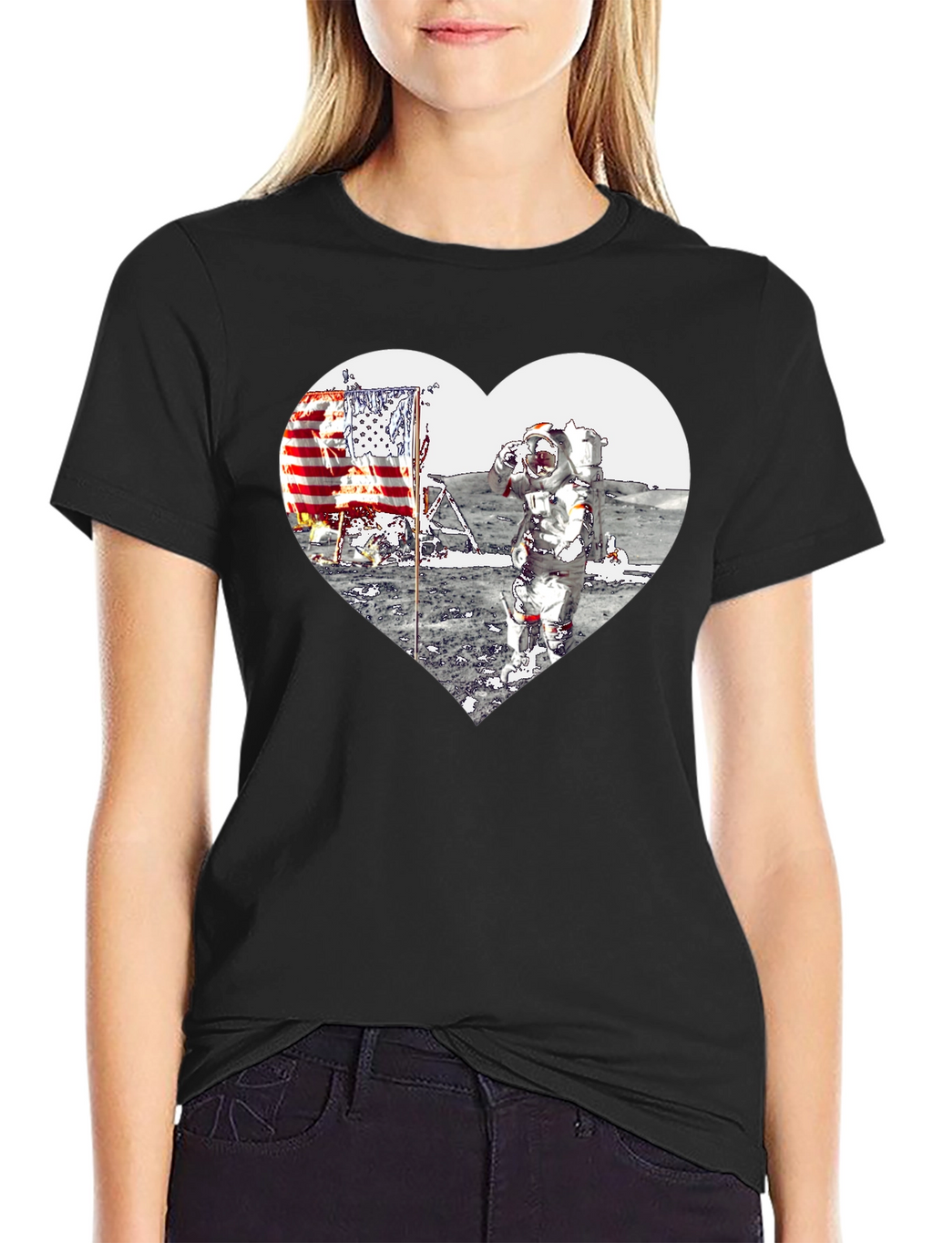 Astronaut Moon Landing Heart Graphic Black T-Shirt