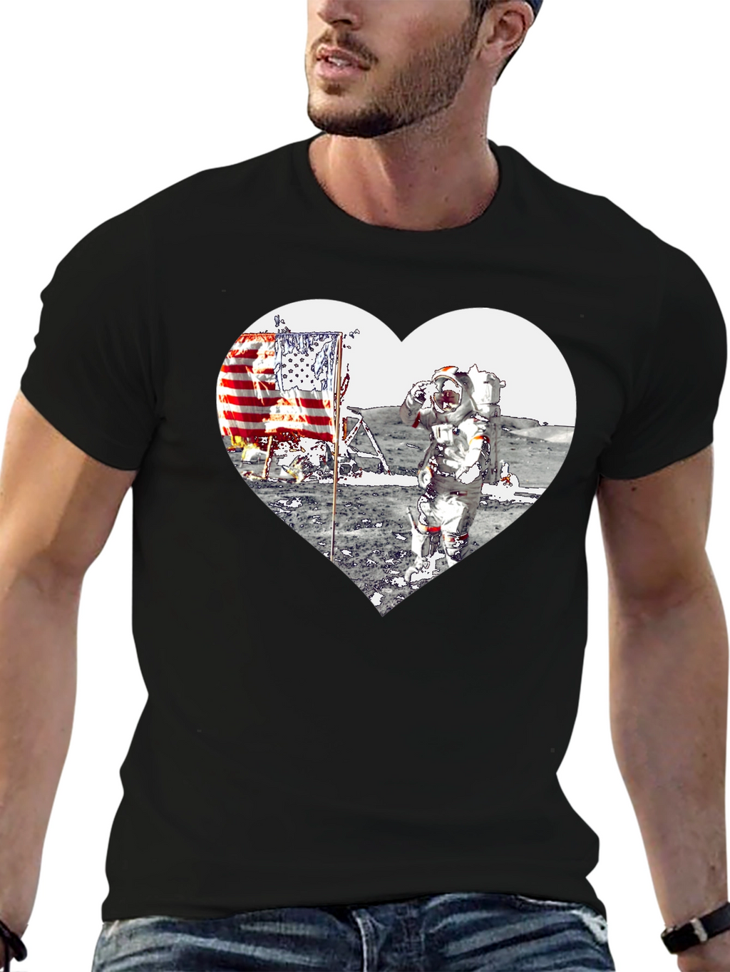 Astronaut Moon Landing Heart Graphic Black T-Shirt