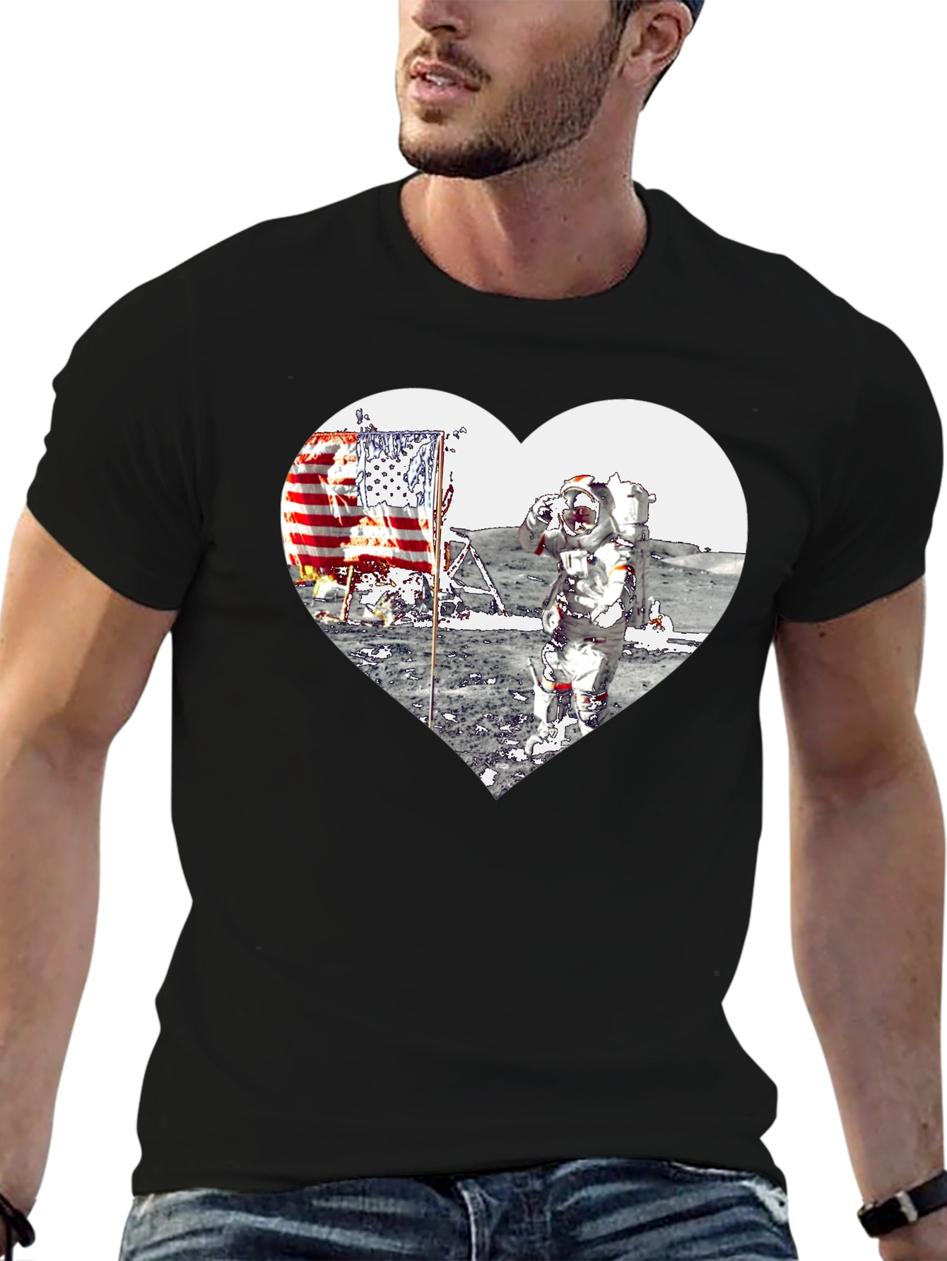 Astronaut Moon Landing Heart Graphic Black T-Shirt