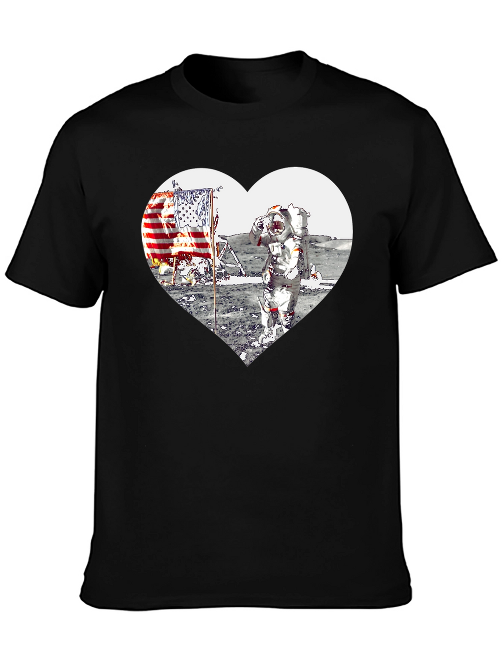 Astronaut Moon Landing Heart Graphic Black T-Shirt