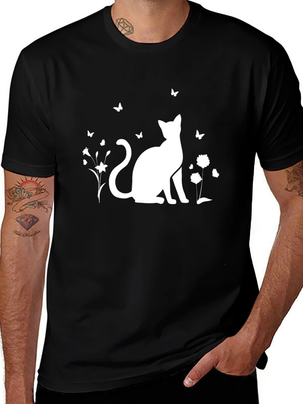 Black Cat & Butterfly Graphic T-Shirt