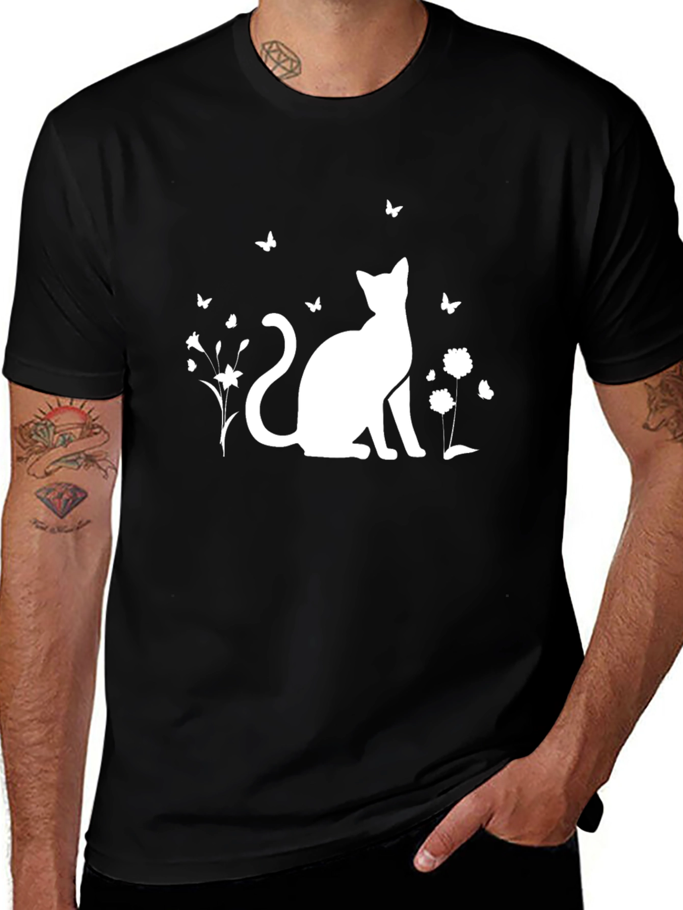 Black Cat & Butterfly Graphic T-Shirt