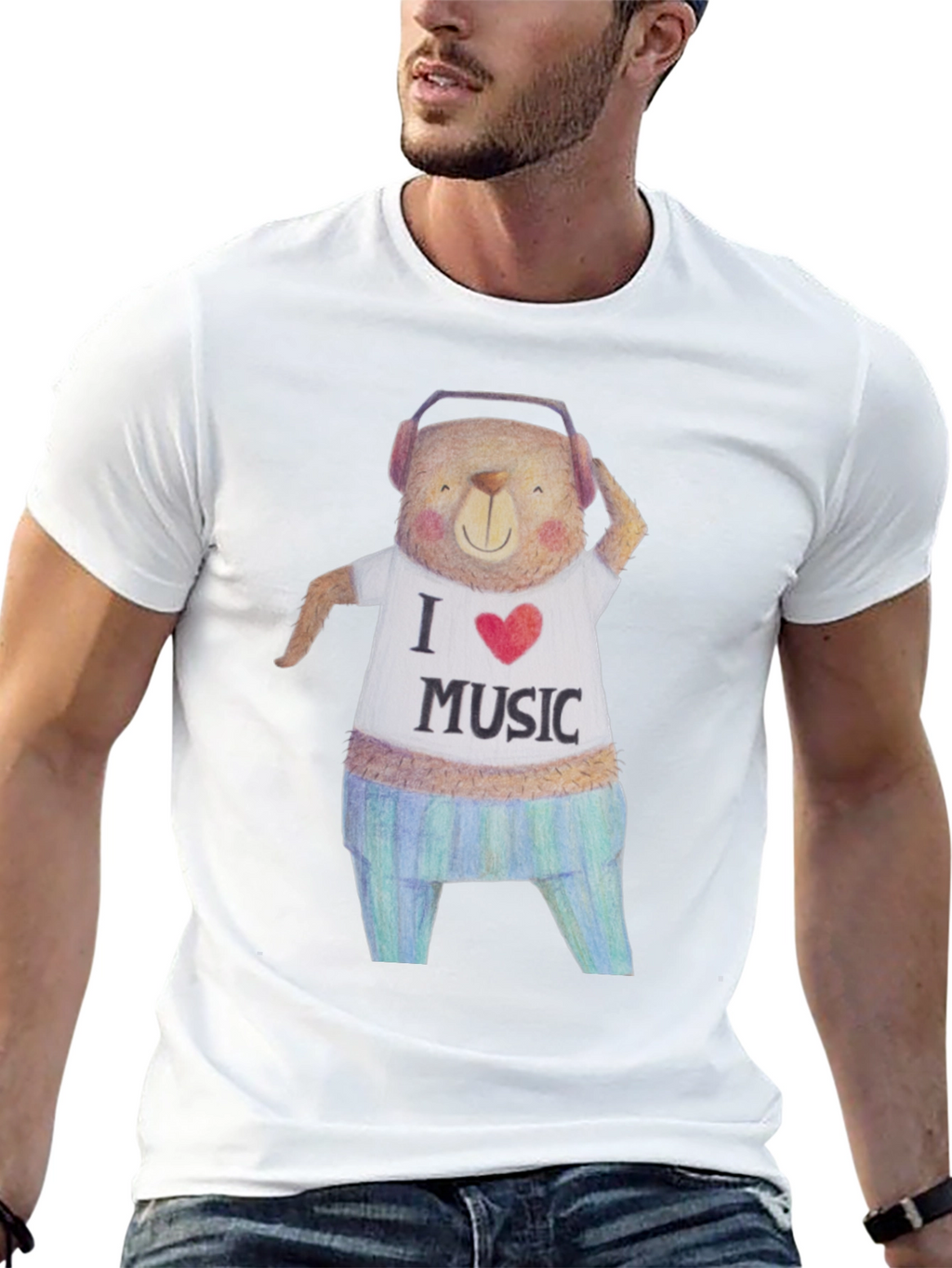 Musical Bear Graphic Tee - Black Cotton T-Shirt