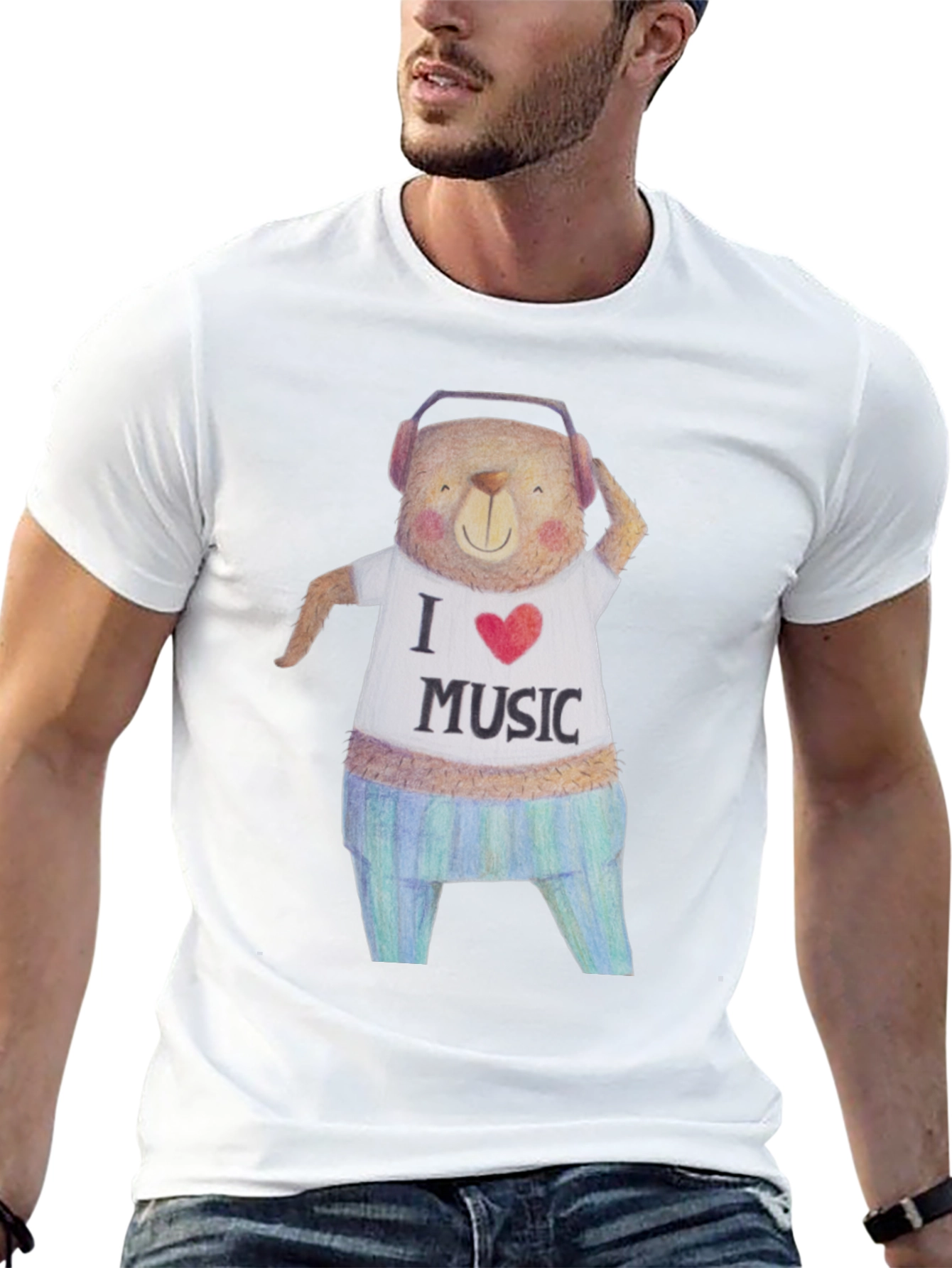 Musical Bear Graphic Tee - Black Cotton T-Shirt