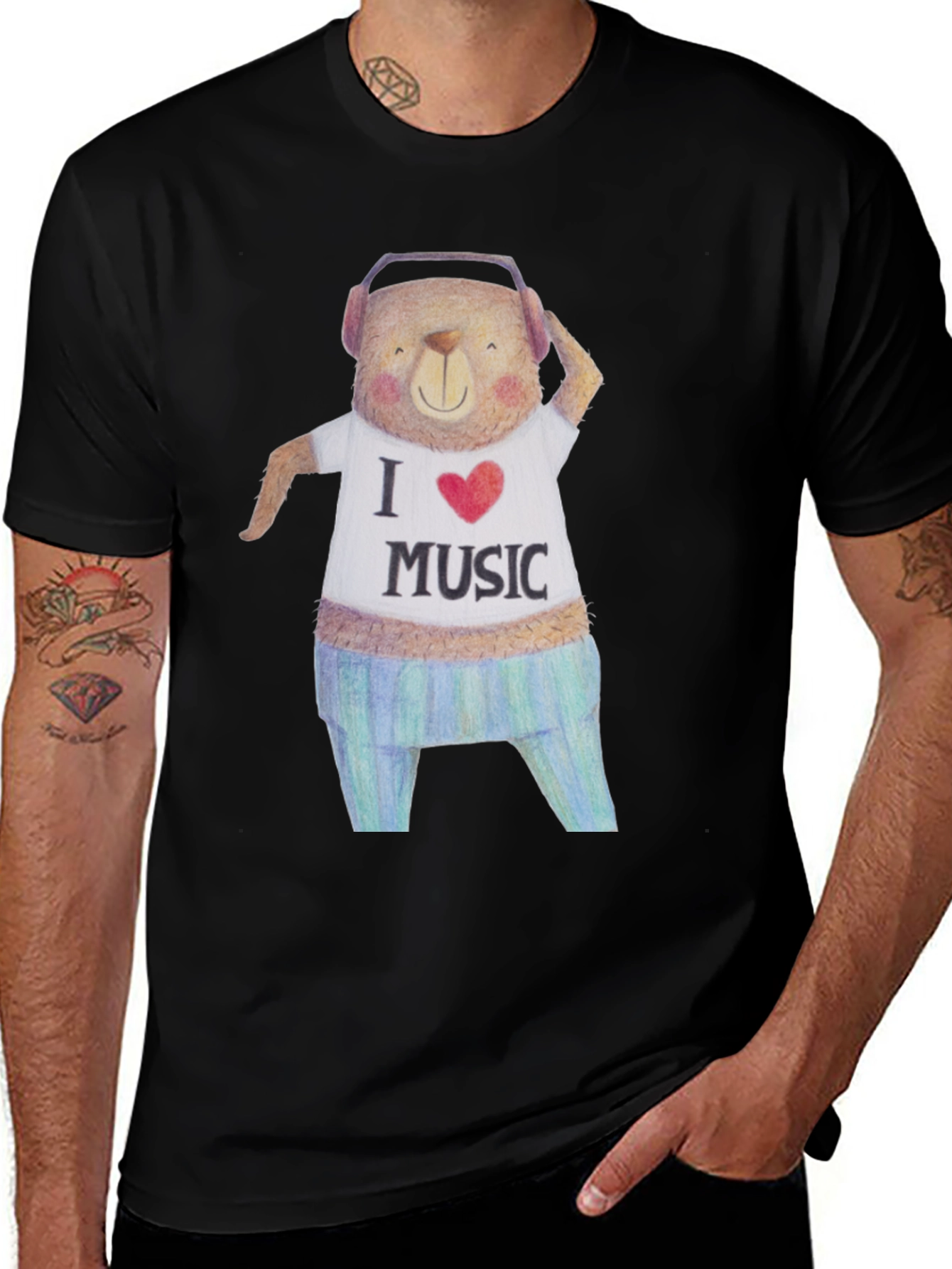 Musical Bear Graphic Tee - Black Cotton T-Shirt