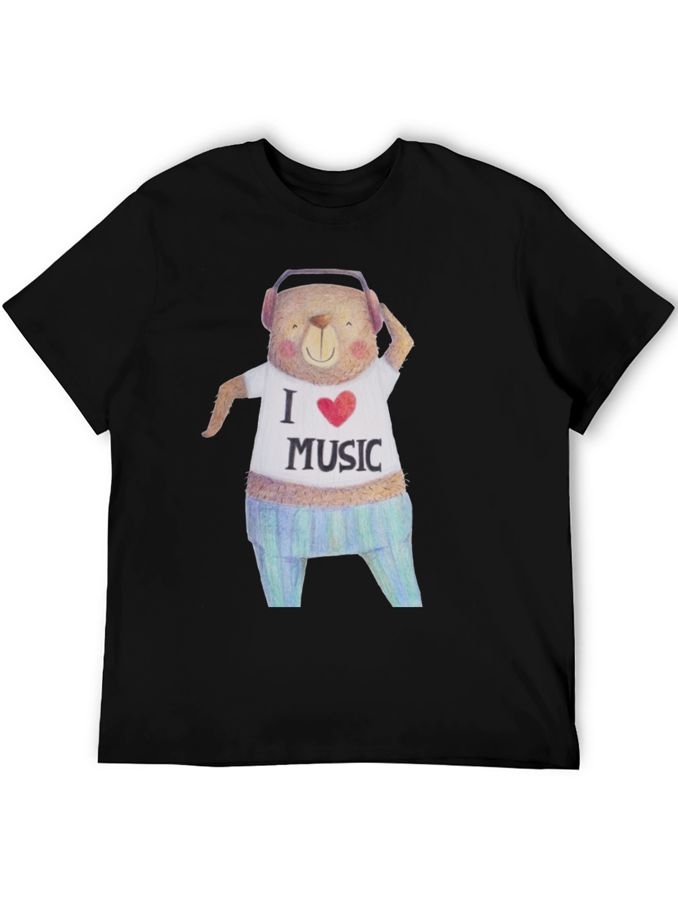 Musical Bear Graphic Tee - Black Cotton T-Shirt