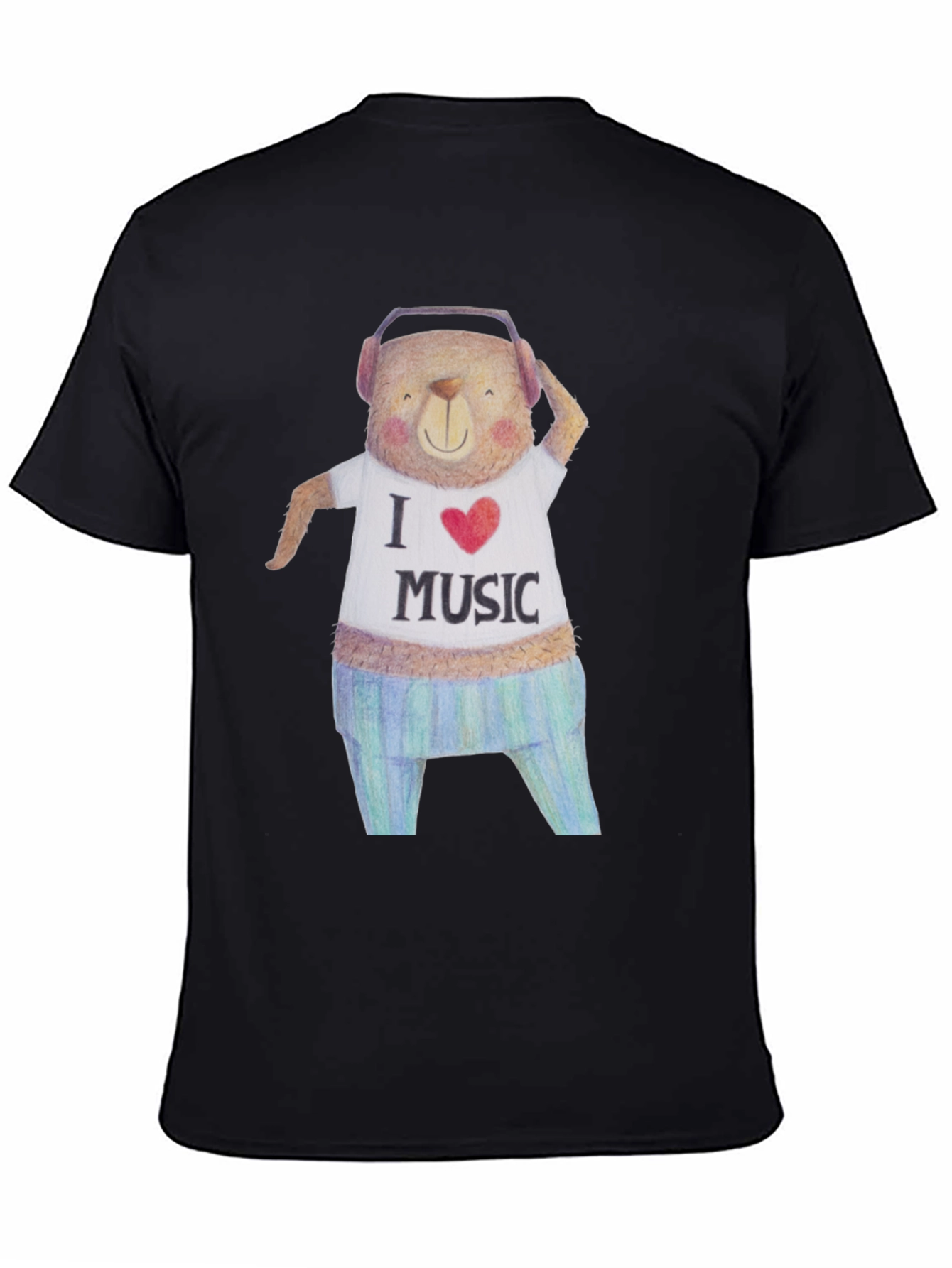 Musical Bear Graphic Tee - Black Cotton T-Shirt