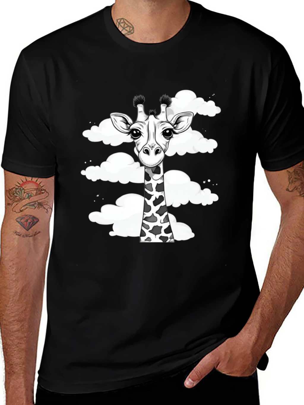 Giraffe in Clouds Graphic Tee - Black Cotton