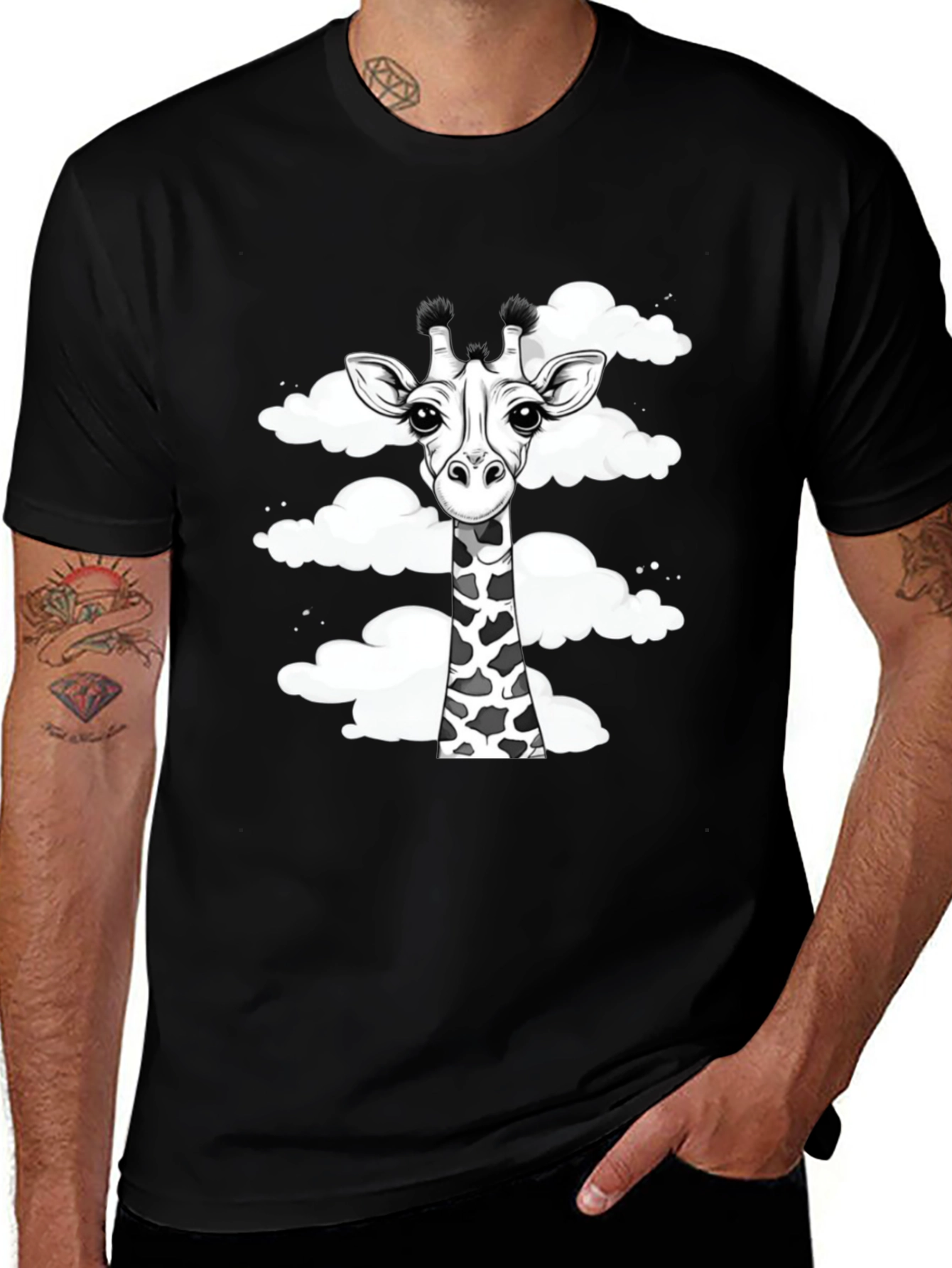 Giraffe in Clouds Graphic Tee - Black Cotton