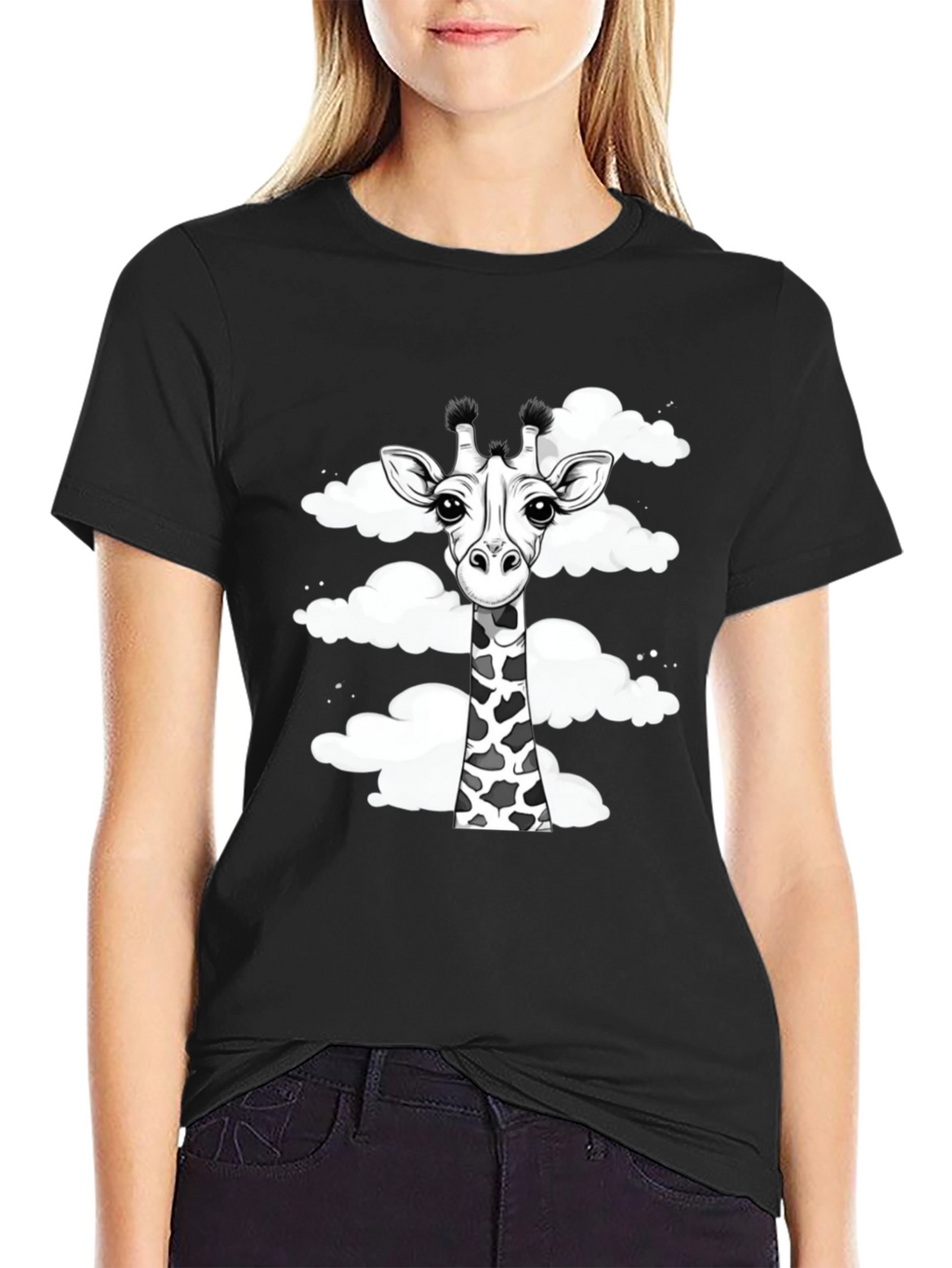 Giraffe in Clouds Graphic Tee - Black Cotton