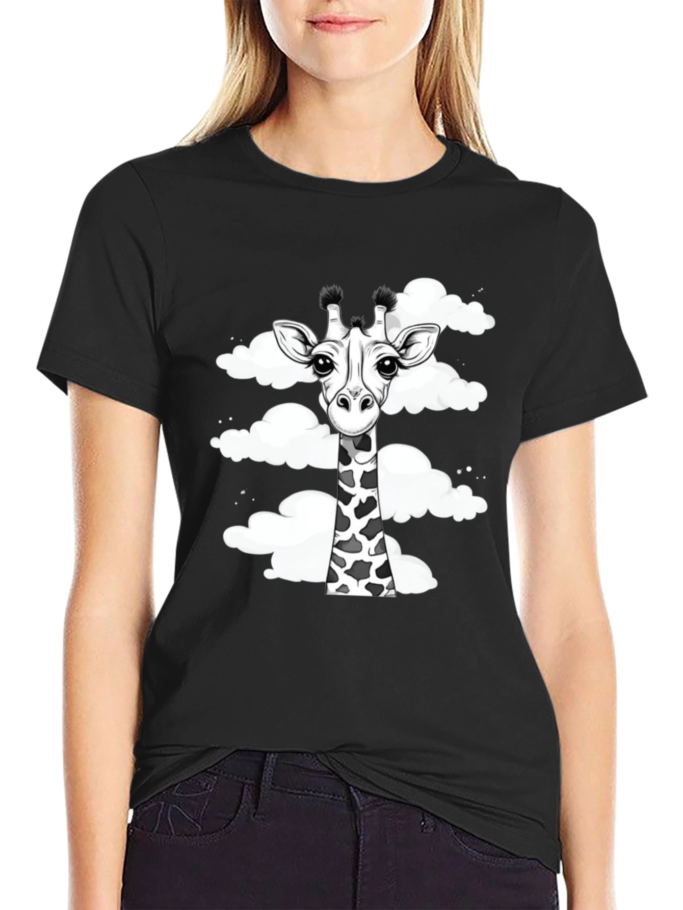 Giraffe in Clouds Graphic Tee - Black Cotton