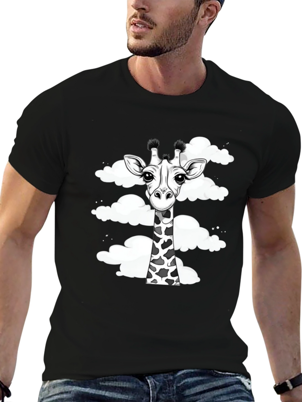 Giraffe in Clouds Graphic Tee - Black Cotton