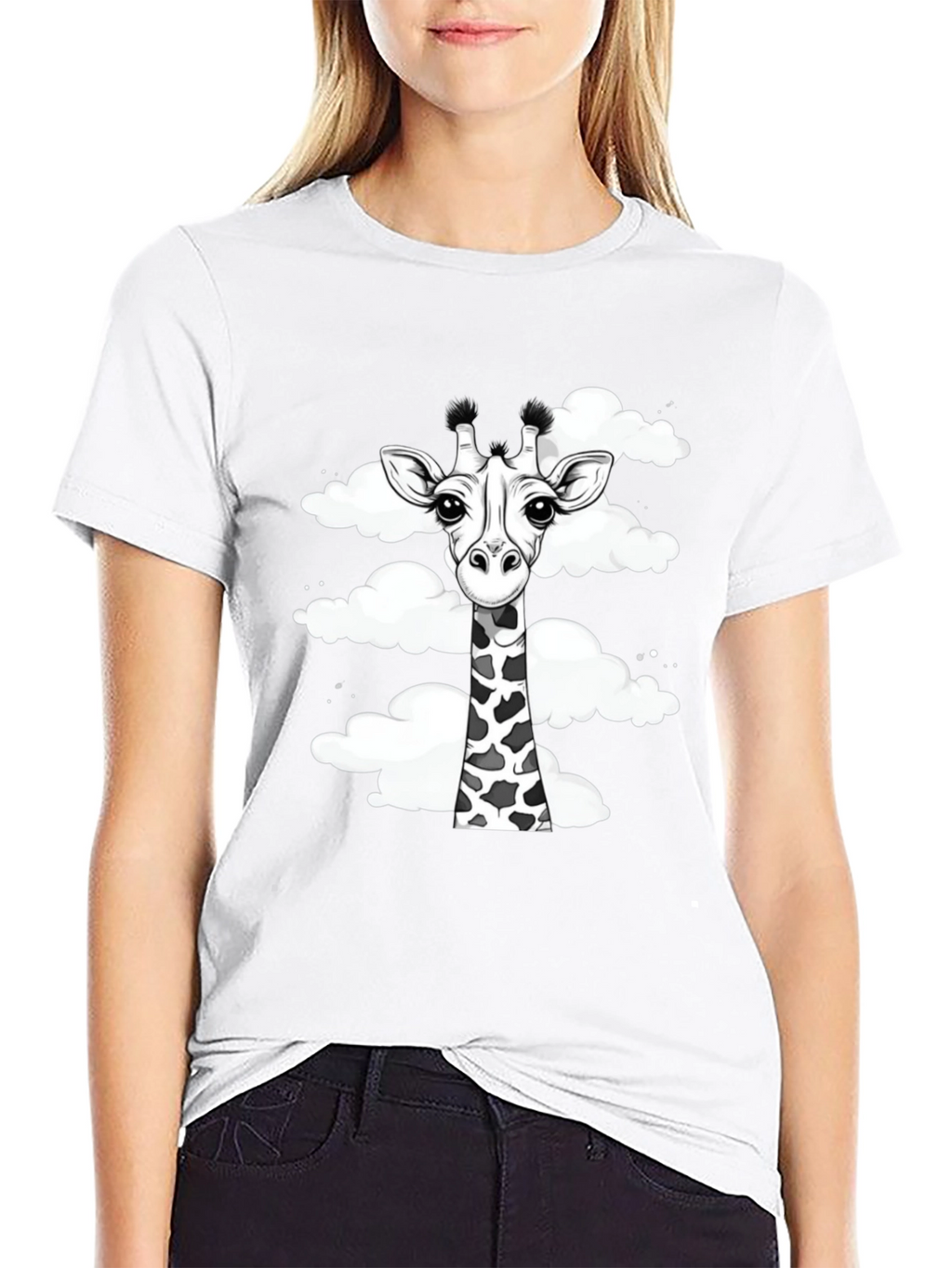 Giraffe in Clouds Graphic Tee - Black Cotton