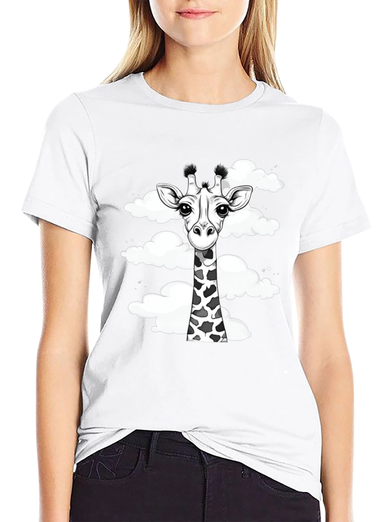 Giraffe in Clouds Graphic Tee - Black Cotton