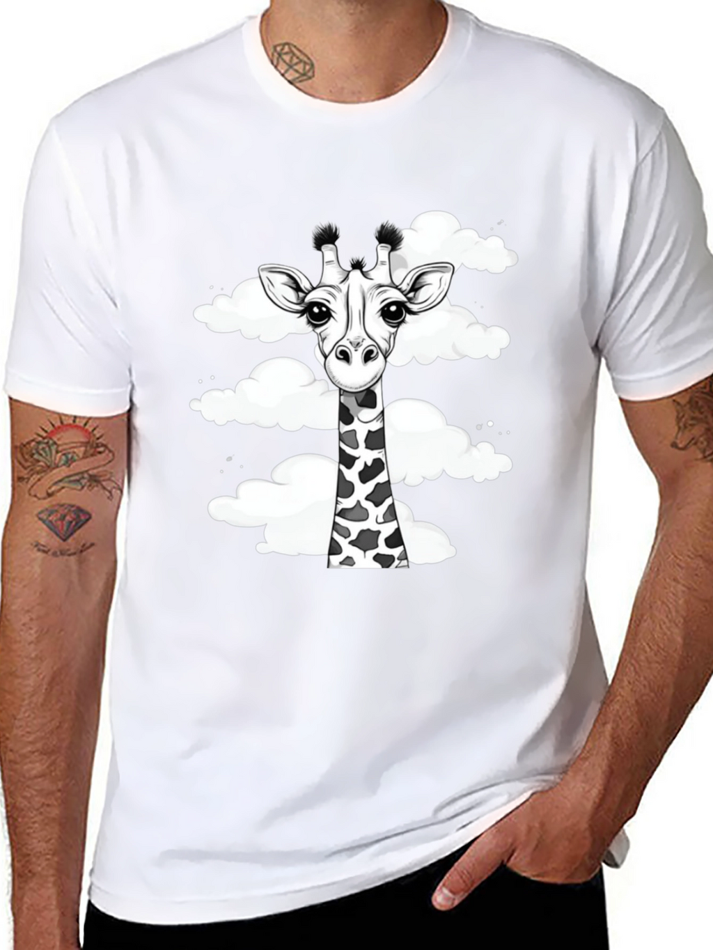 Giraffe in Clouds Graphic Tee - Black Cotton