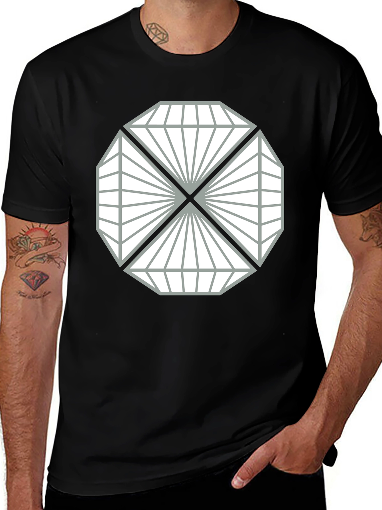 Geometric Diamond Design Black T-Shirt
