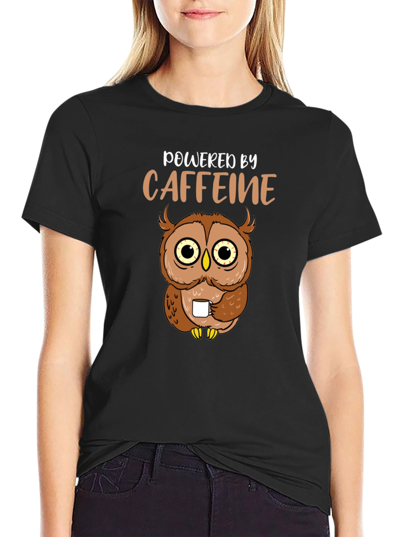 Powered By Caffeine Owl Graphic T-Shirt
