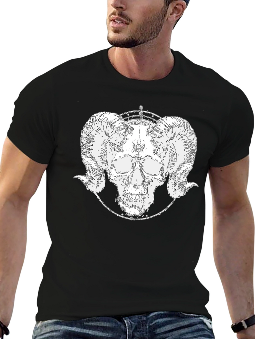 Ram Skull Graphic Tee - Black Cotton T-Shirt