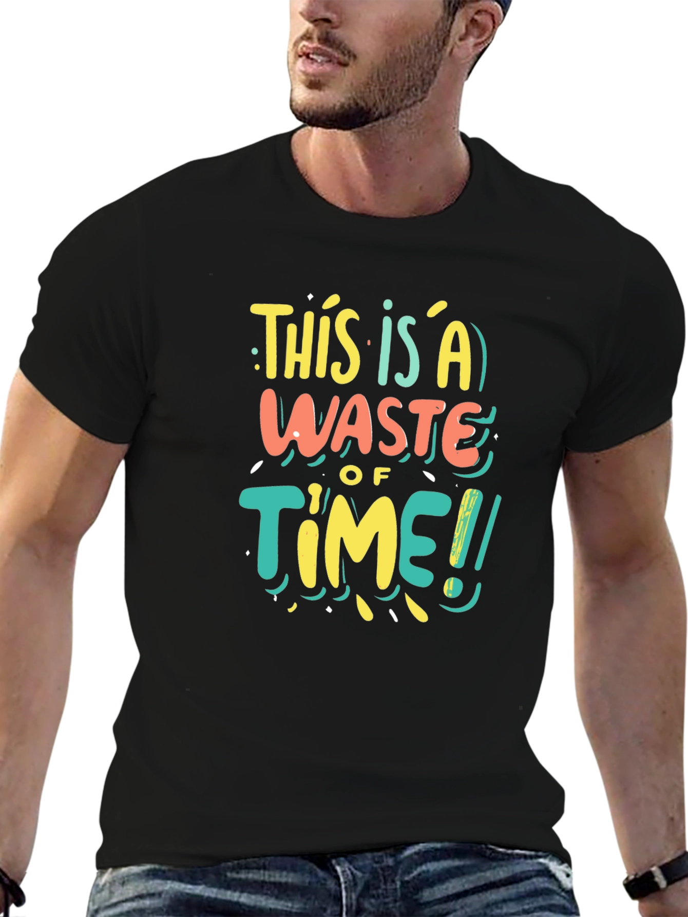 Funny Waste of Time Graphic Print Black T-Shirt