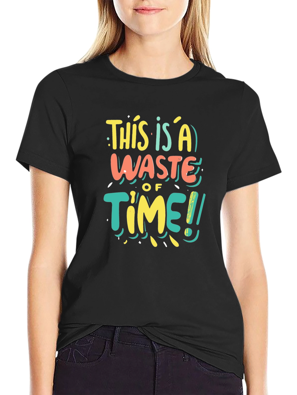 Funny Waste of Time Graphic Print Black T-Shirt