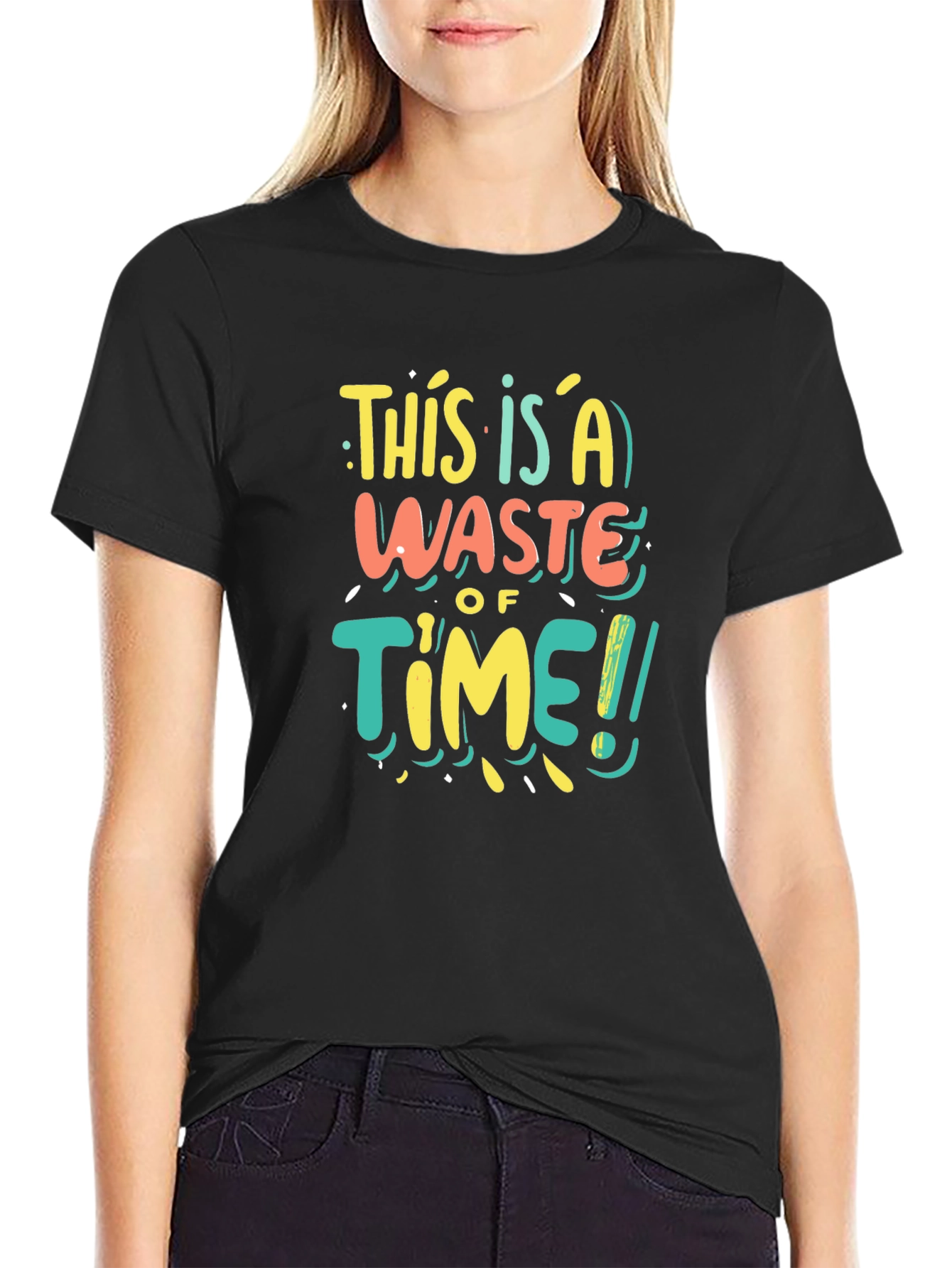 Funny Waste of Time Graphic Print Black T-Shirt