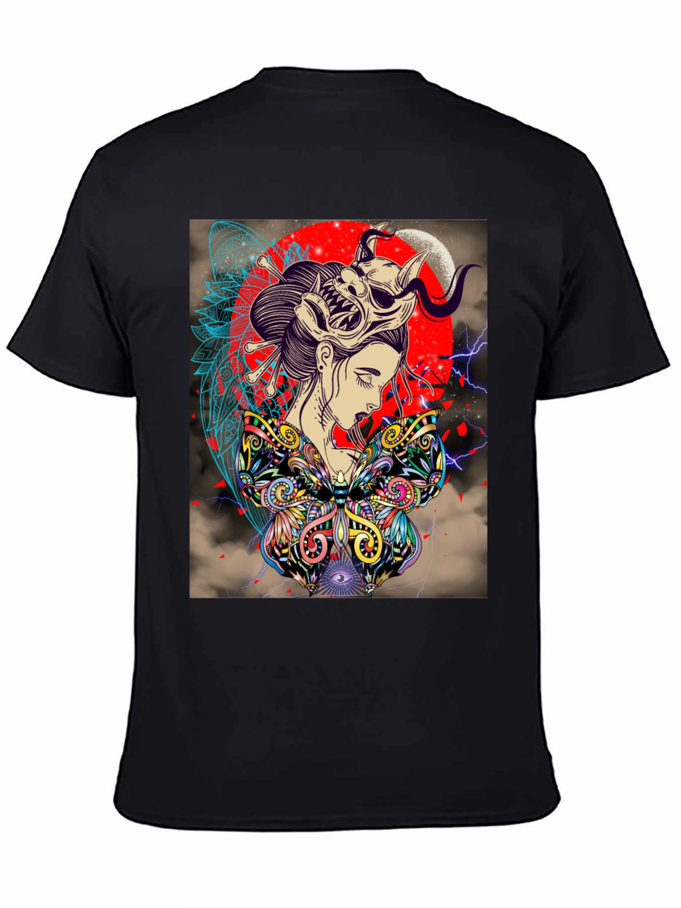 Geisha Mask Graphic Print Black T-Shirt