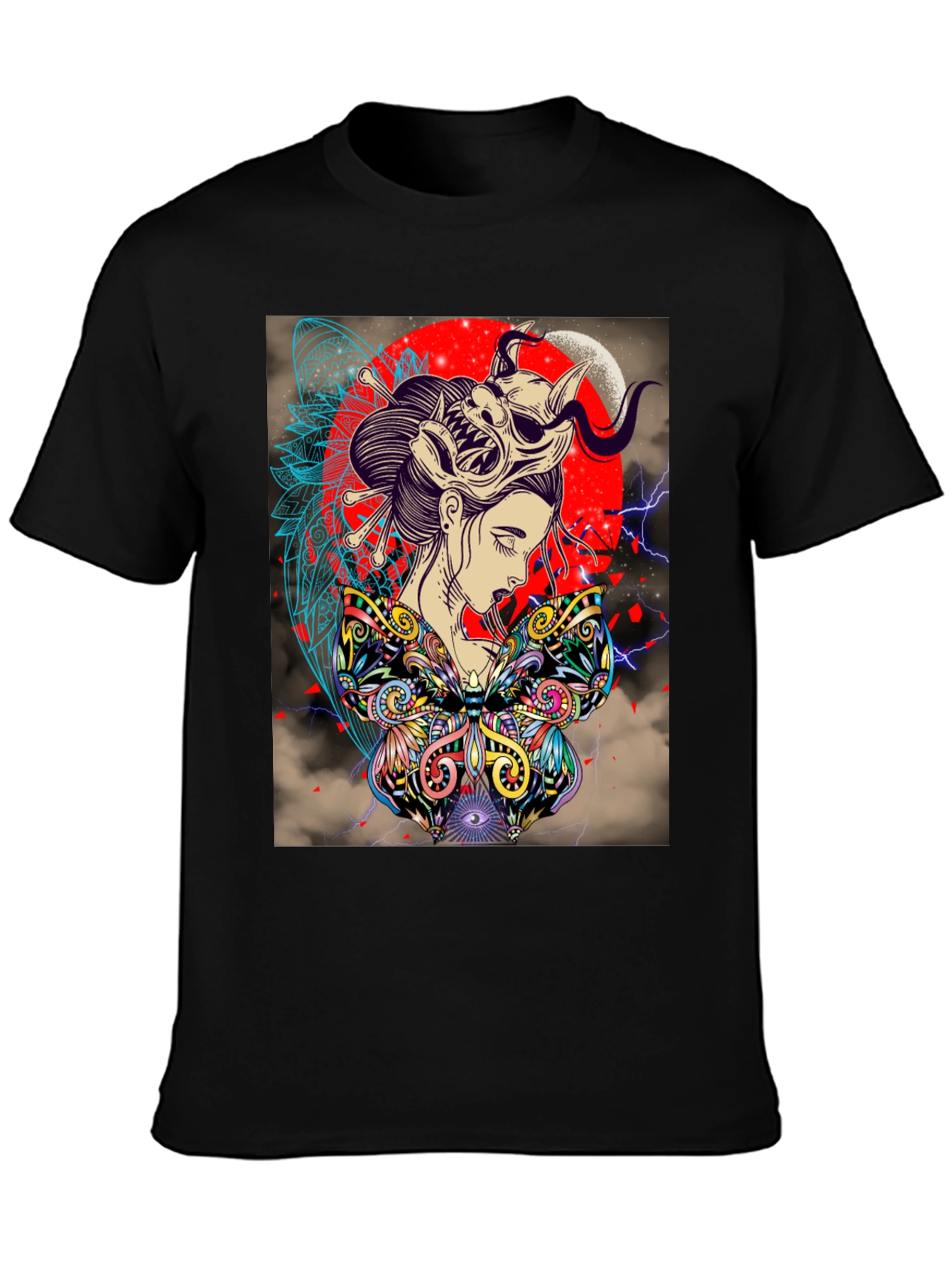 Geisha Mask Graphic Print Black T-Shirt