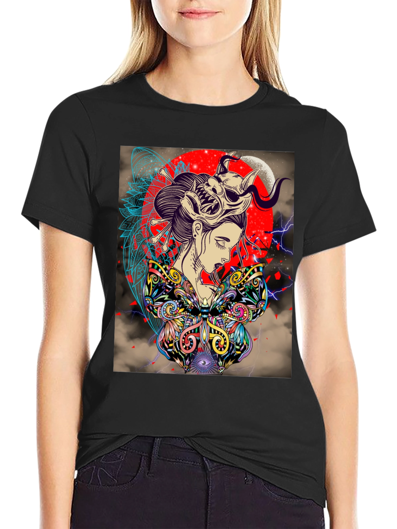 Geisha Mask Graphic Print Black T-Shirt
