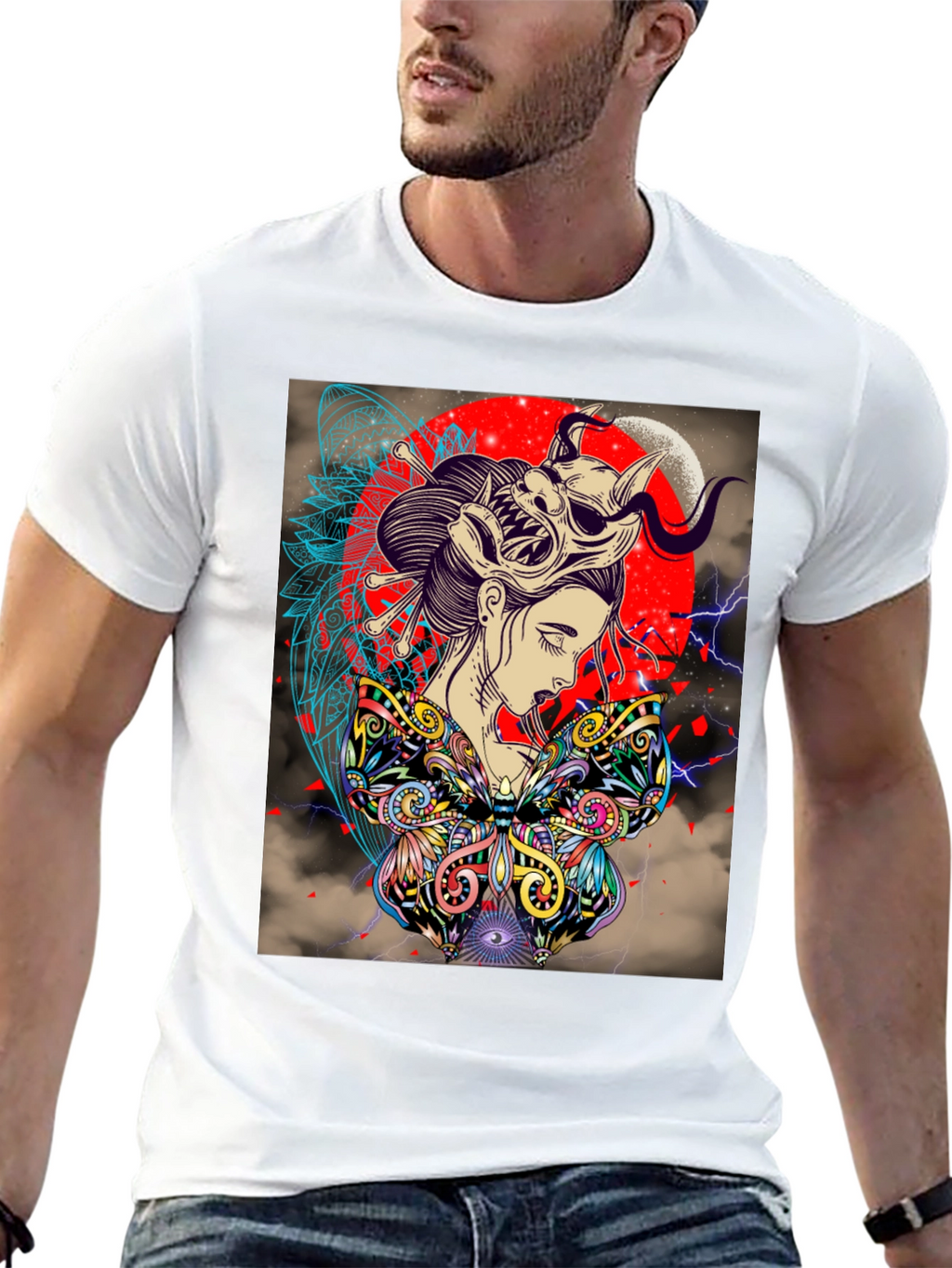 Geisha Mask Graphic Print Black T-Shirt