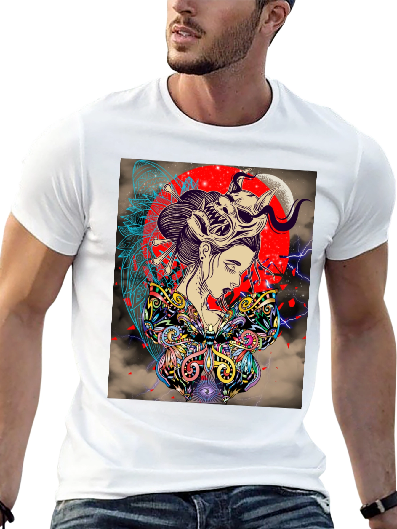 Geisha Mask Graphic Print Black T-Shirt