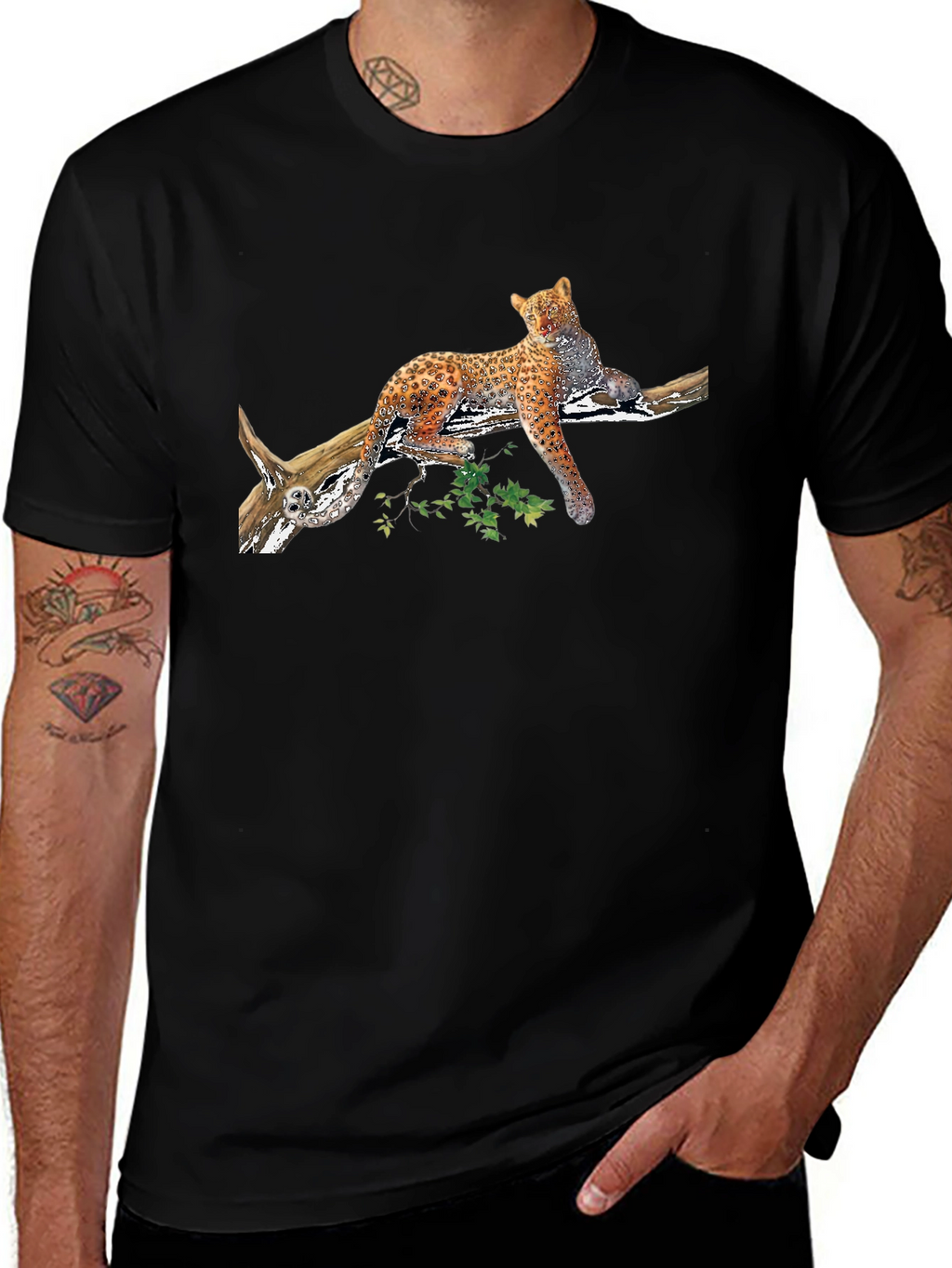 Leopard on Branch Graphic Black Tee