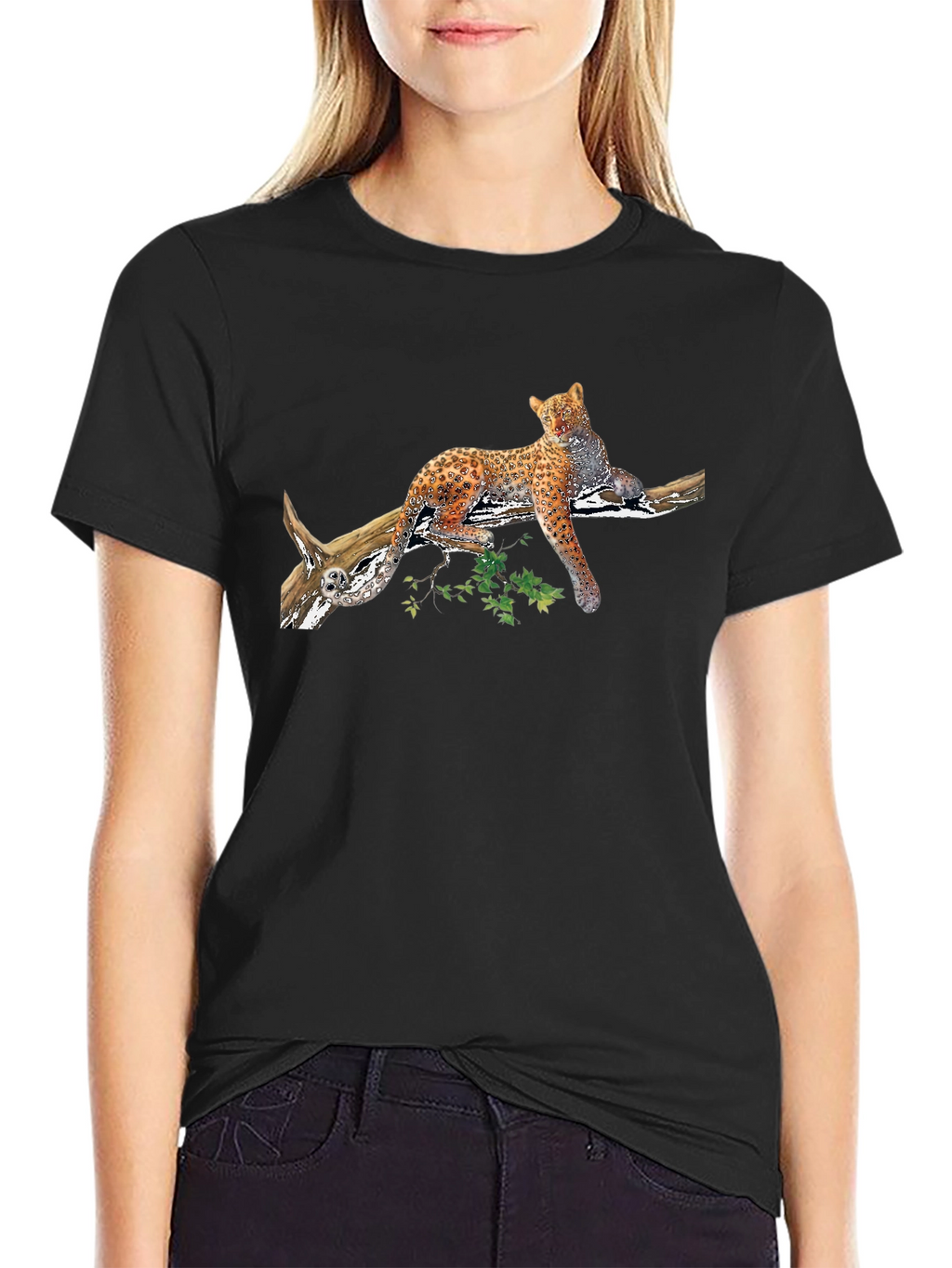 Leopard on Branch Graphic Black Tee