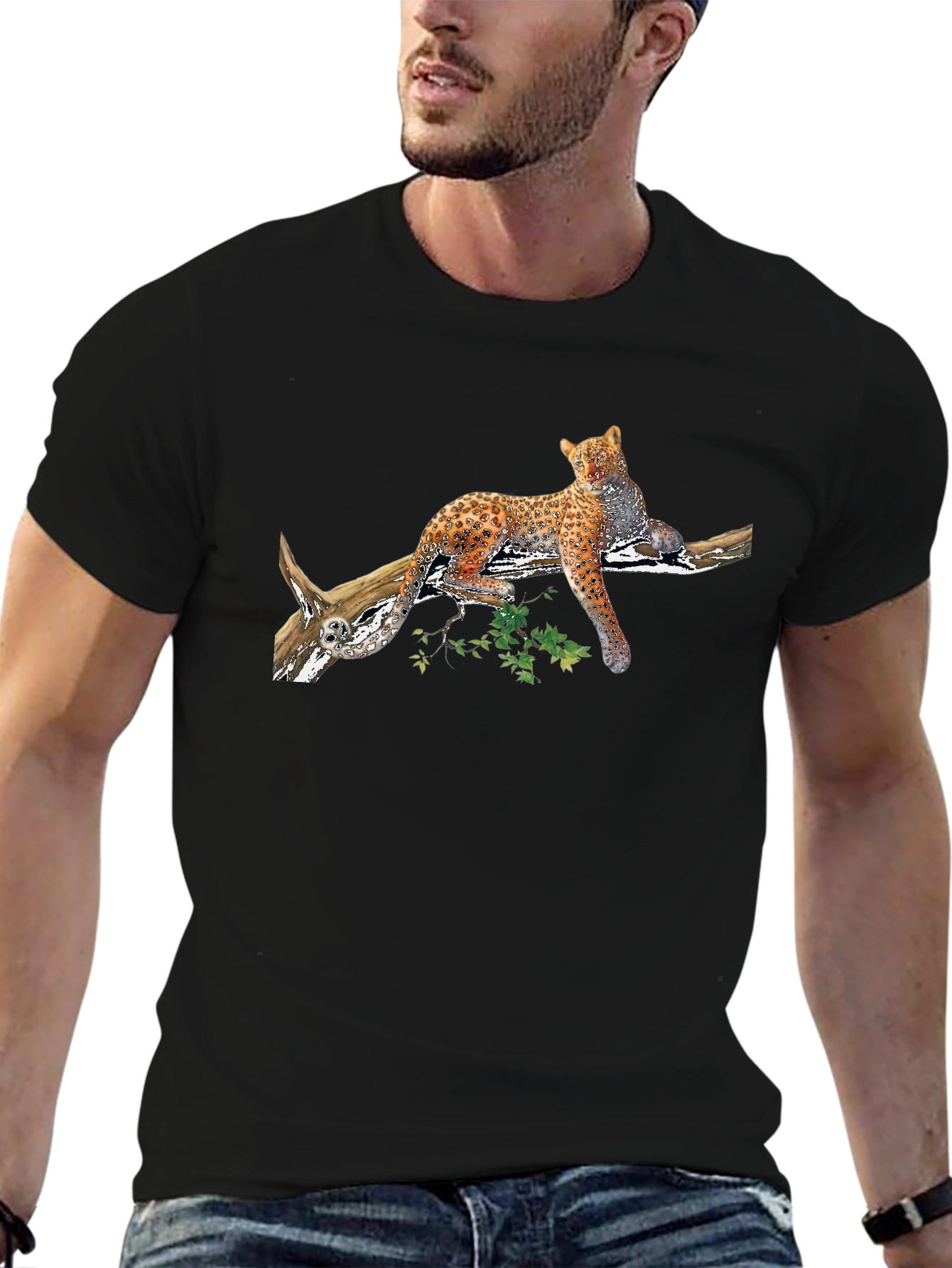 Leopard on Branch Graphic Black Tee
