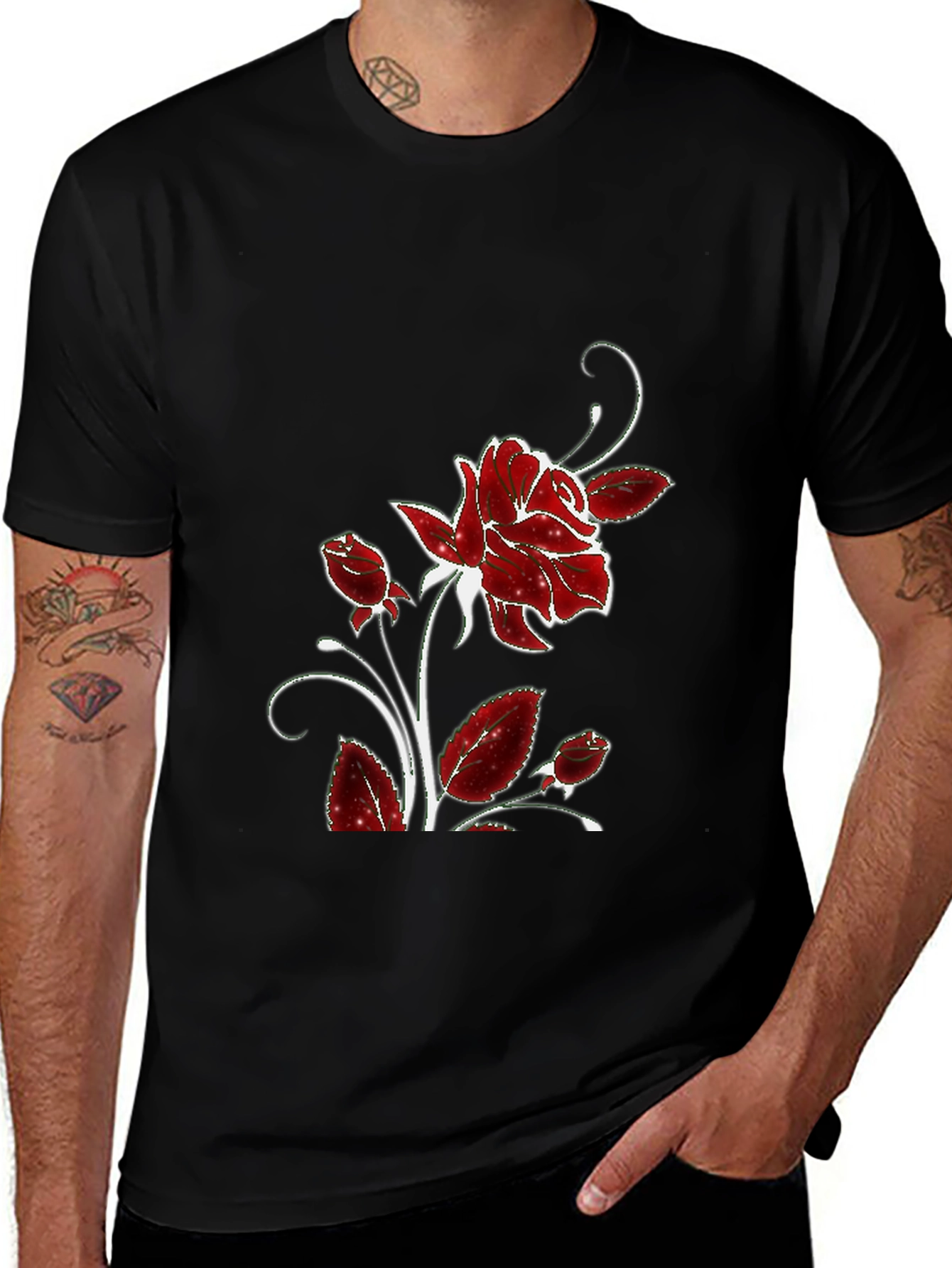 Black Tee with Floral Rose Design