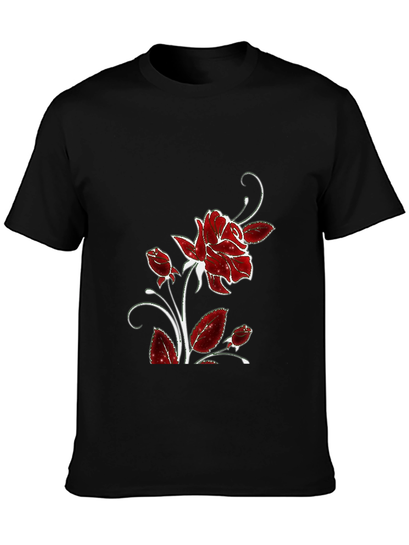 Black Tee with Floral Rose Design