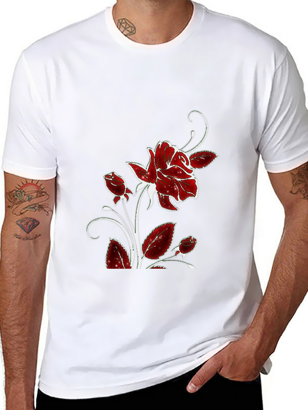 Black Tee with Floral Rose Design